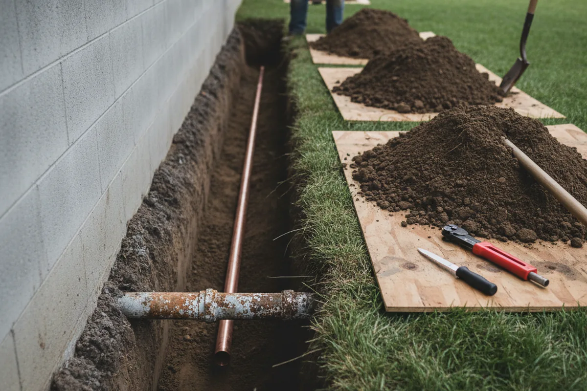 Excavated water line trench during Water Softener Installation in Oak Hall
